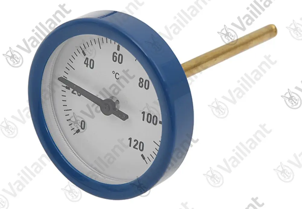 Vaillant Thermometer mit blauem Gehäuse, analoger Anzeige, Skala von 0 bis 120 Grad Celsius, Messfühler aus Metall.
